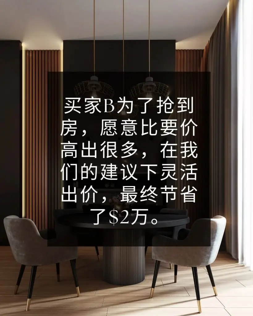 买家B为了抢到房，愿意比要价高出很多，在我们的建议下灵活出价，最终节省了$2万。