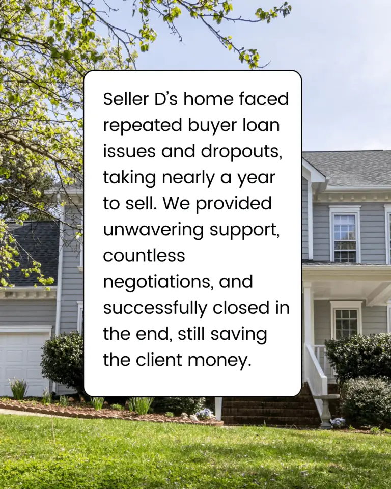 Seller D’s home faced repeated buyer loan issues and dropouts, taking nearly a year to sell. We provided unwavering support, countless negotiations, and successfully closed in the end, still saving the client money.