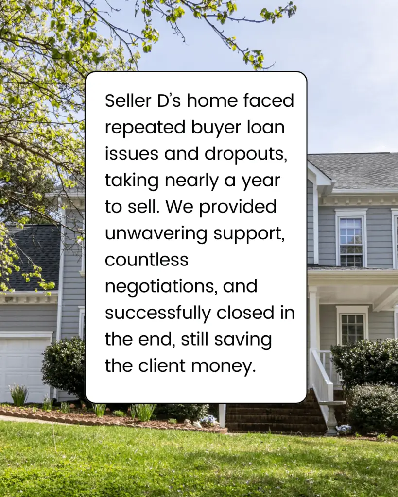 Seller D’s home faced repeated buyer loan issues and dropouts, taking nearly a year to sell. We provided unwavering support, countless negotiations, and successfully closed in the end, still saving the client money.